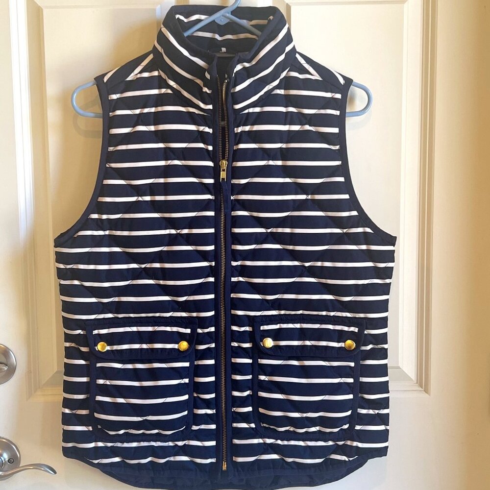 J. Crew Women's Excursion Quilted Puffer Vest Navy Blue and White Stripes Size S